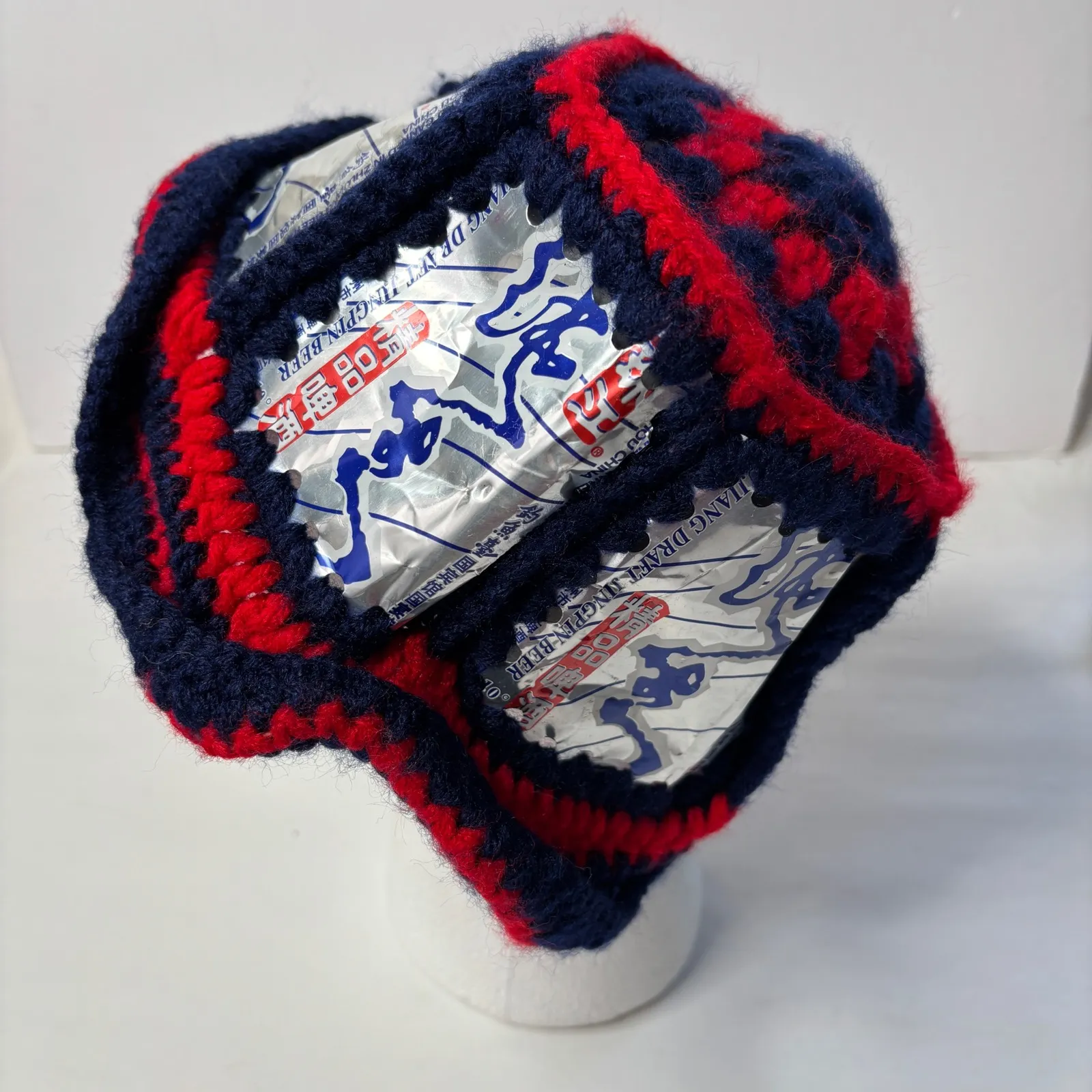 Handmade Crochet Beer Can Red‎ Blue Bucket Hat Cap Jingpin Asian Streetwear Red - Image 4
