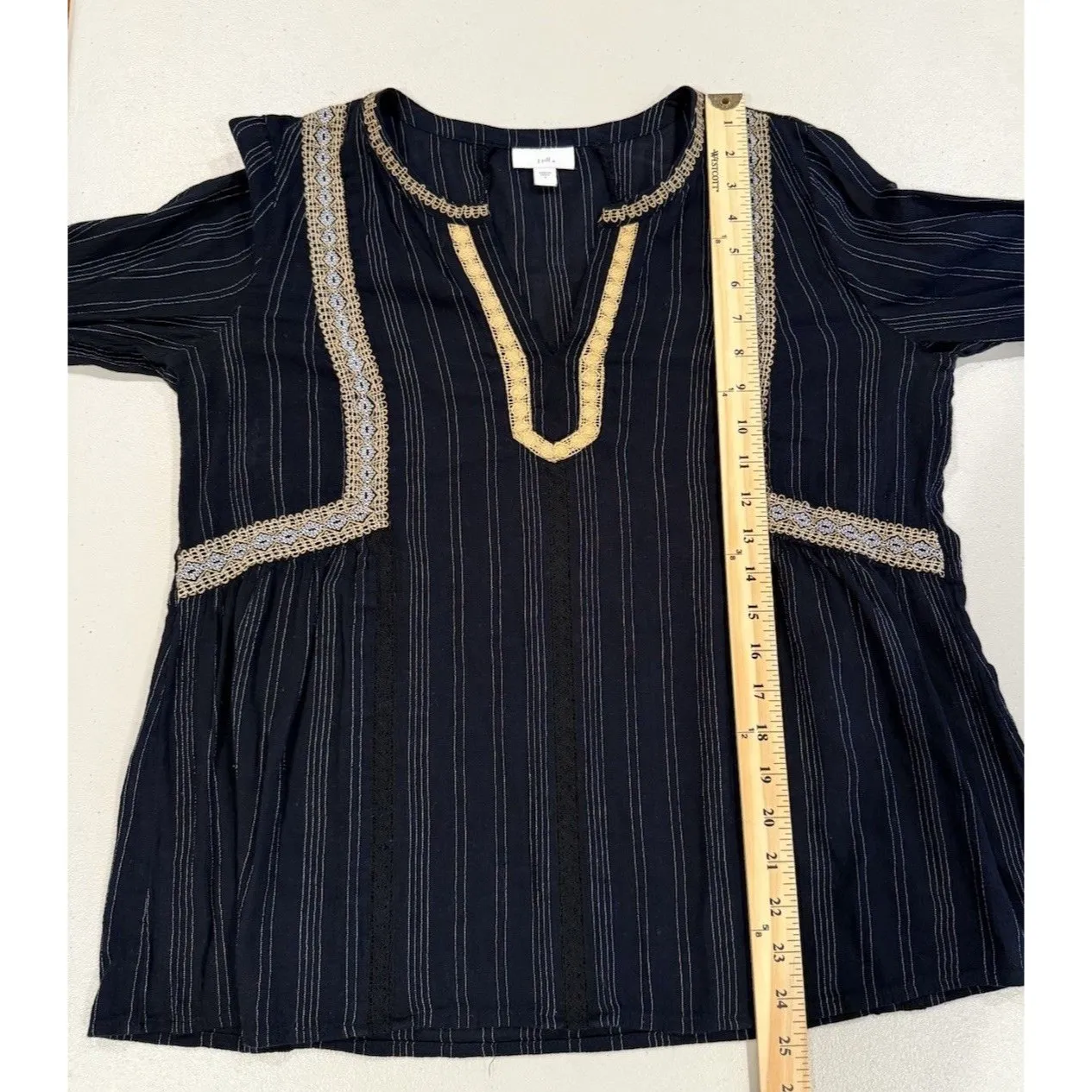 J Jill Top Womens Small Embroidered Striped Indie Boho Peasant Prairie Cottage Black - Image 6