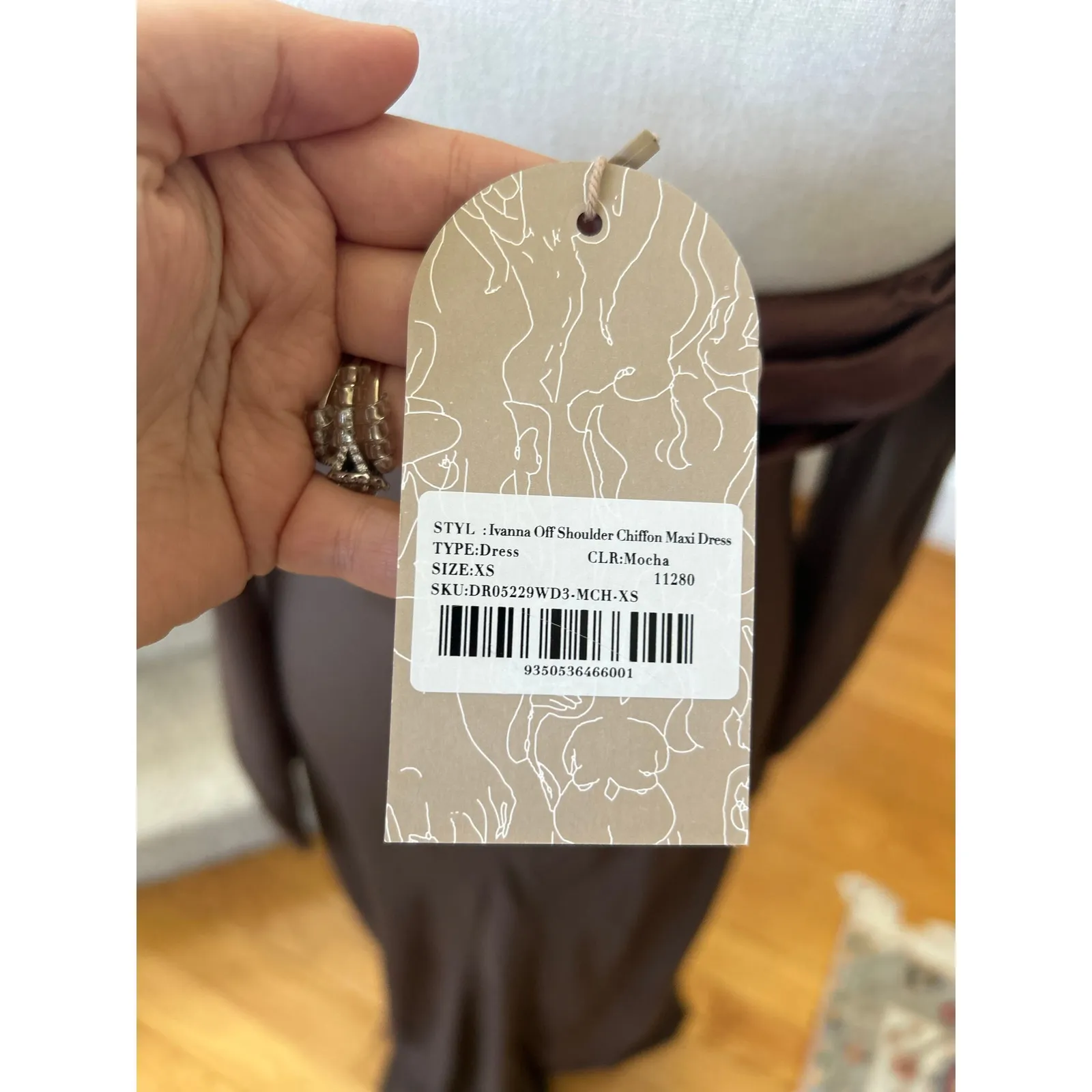 NWT Meshki Brown SHEER Satin Trim Off the Shoulder Long Sleeve Maxi Dress - Image 5