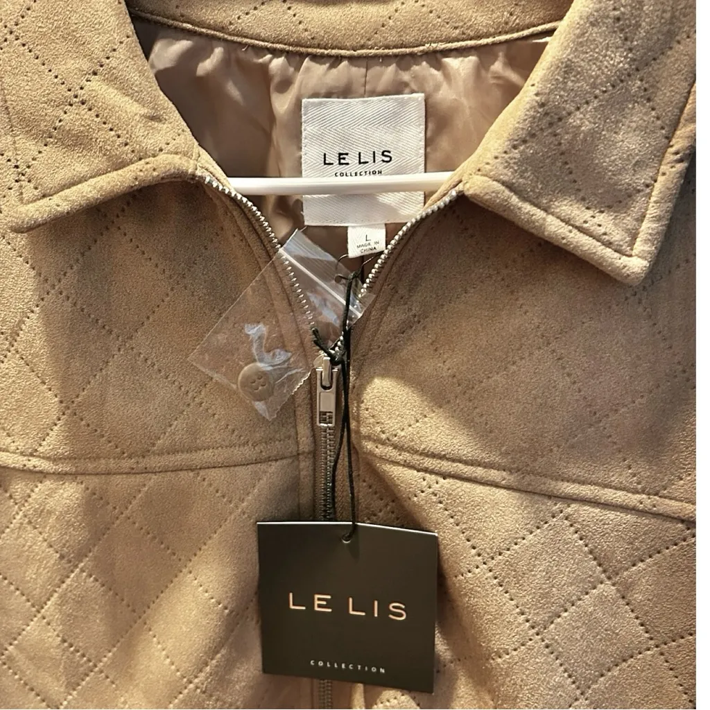 LE LIS Diamond Quilted Suede Front Zipper Collared Jacket - Image 4