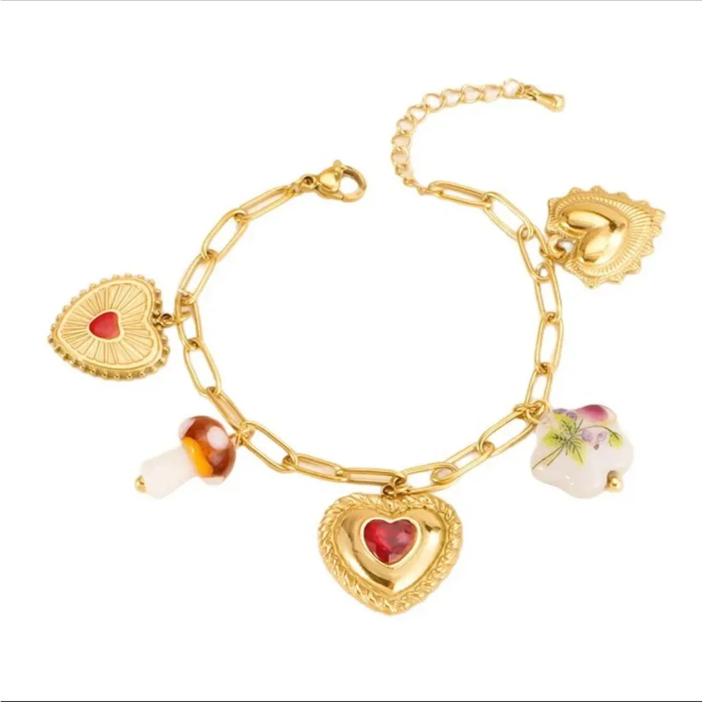 Heart Necklace and Bracelet Set with charms Gold - Image 3