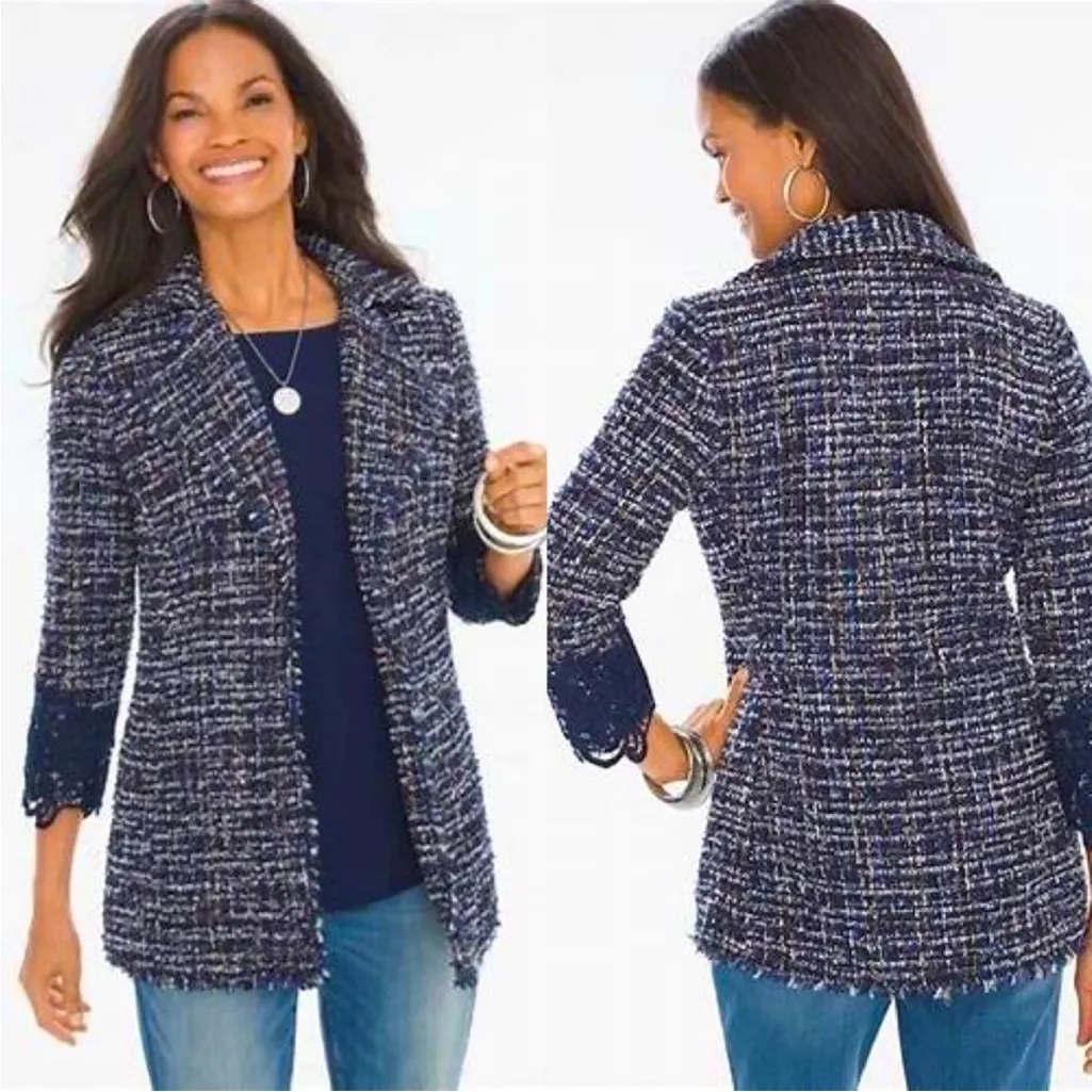 Chico’s Tweed Open Front Blazer/Duster Jacket with 3/4 Lace Cuff, M - Image 2