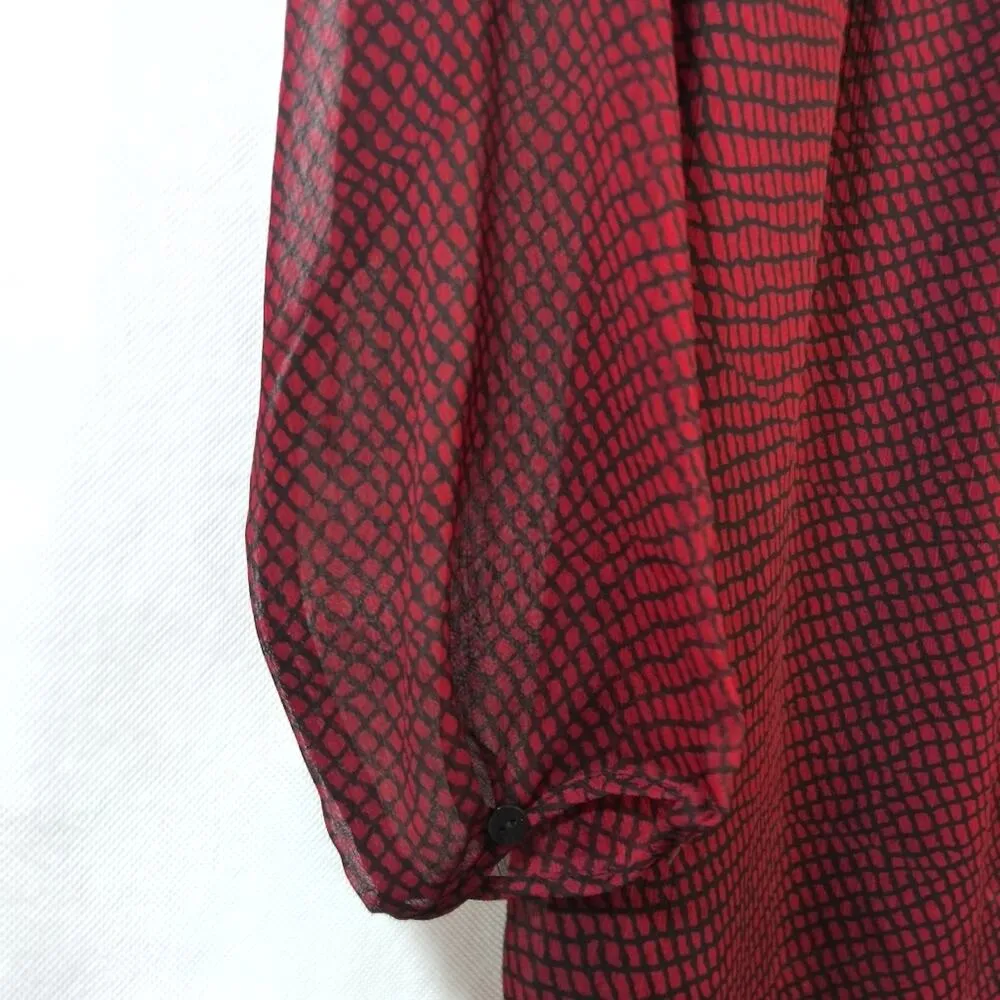 Coldwater Creek Red Black Print Woven Round Neck Sheer Long Sleeve Size M - Image 4