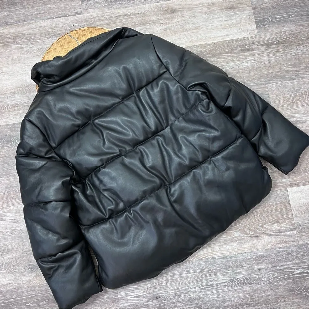 Sebby Black faux‎ leather puffer jacket - Image 4