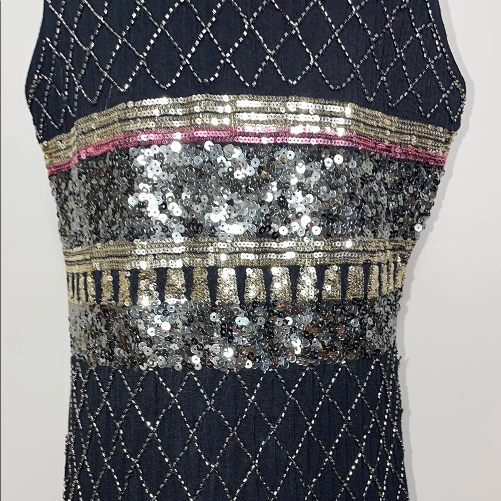 Suzy Sheer Black and Gold Embellished Sequin Cocktail Dress Size Small - Image 3