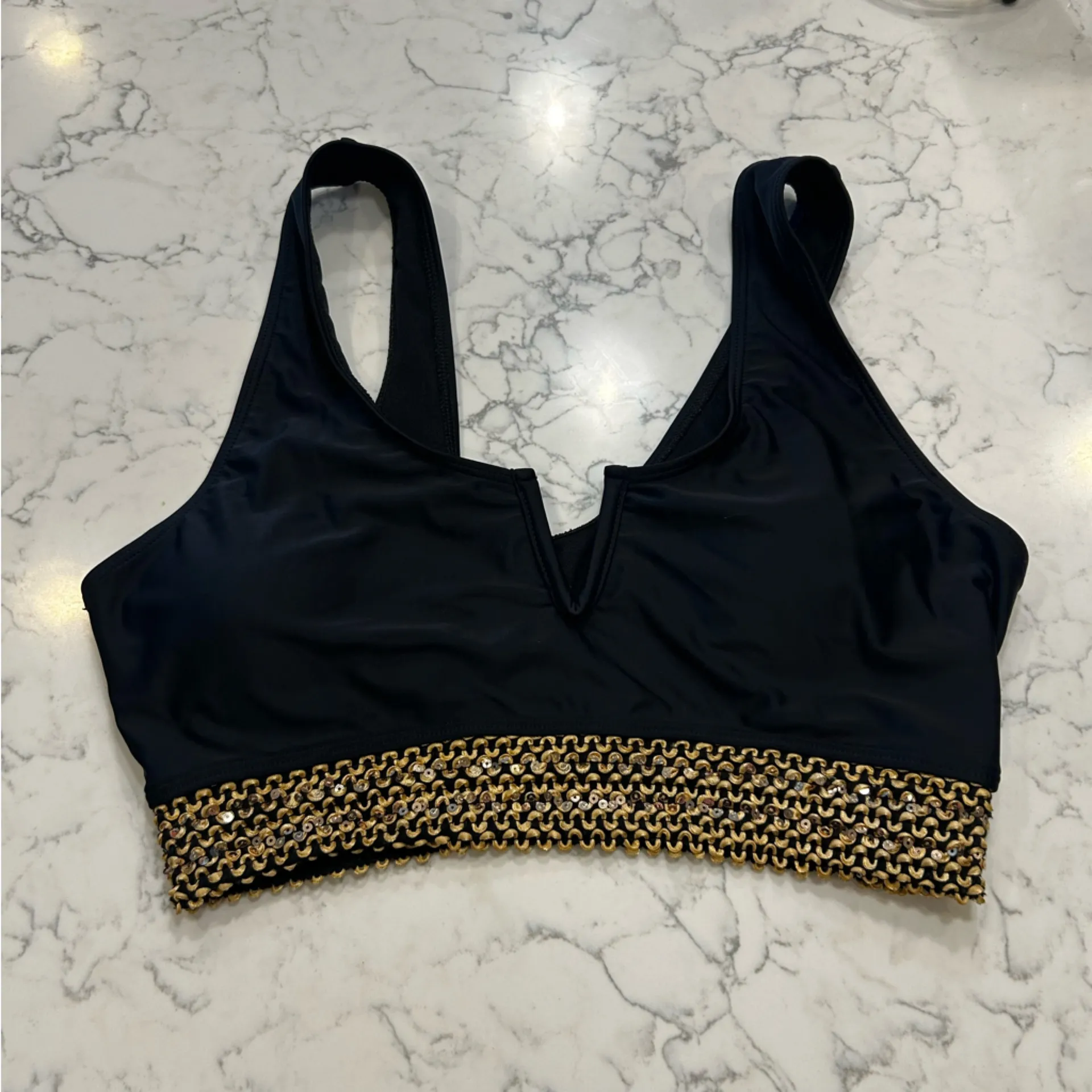 Black Bikini Two Piece Swimsuit w/ Gold Sequin Trim Size 0XL - Image 3