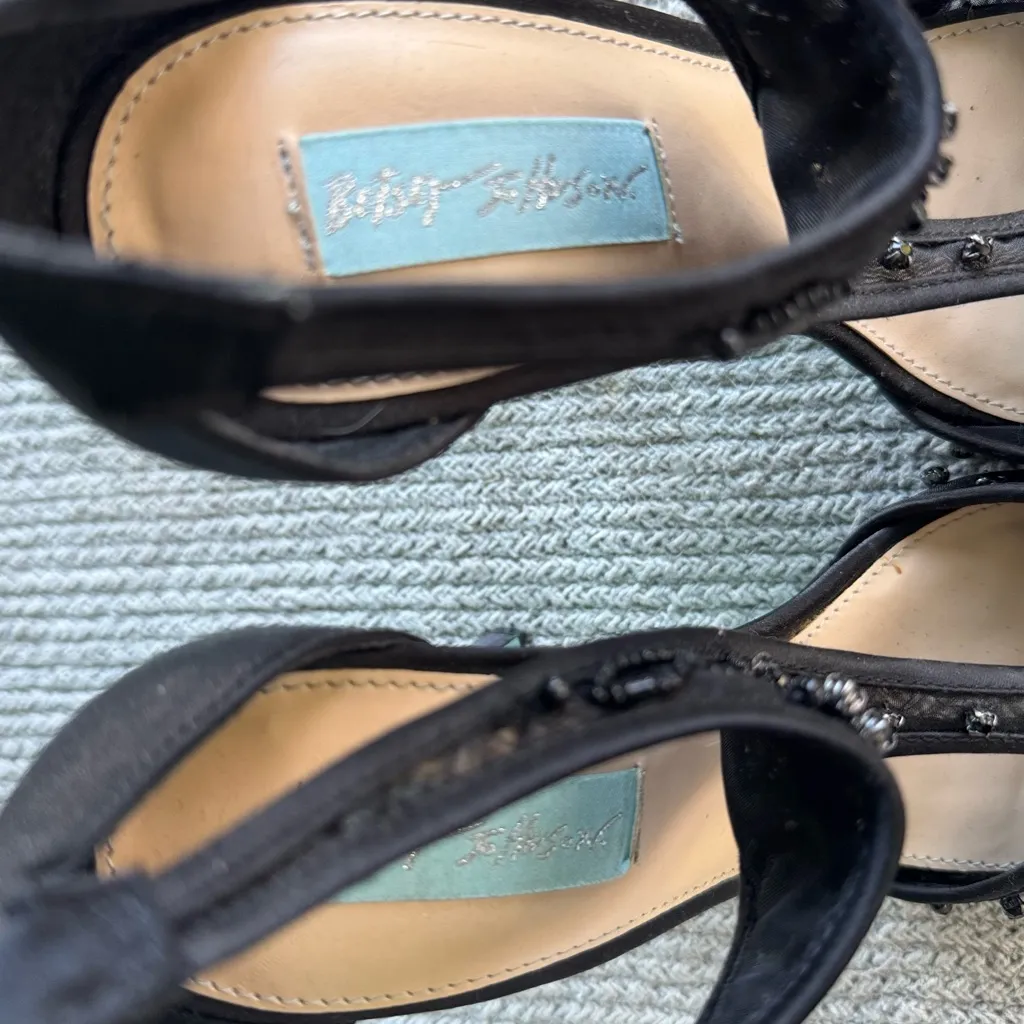 Betsey Johnson Holly Black Beaded T Strap Satin Sandals Formal High Heels Sz 7.5 - Image 11