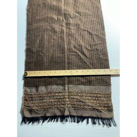 MRC Luxurious Brown Winter Scarf Metallic‎ Gold Trim and Fringe Detail flawed - Image 3