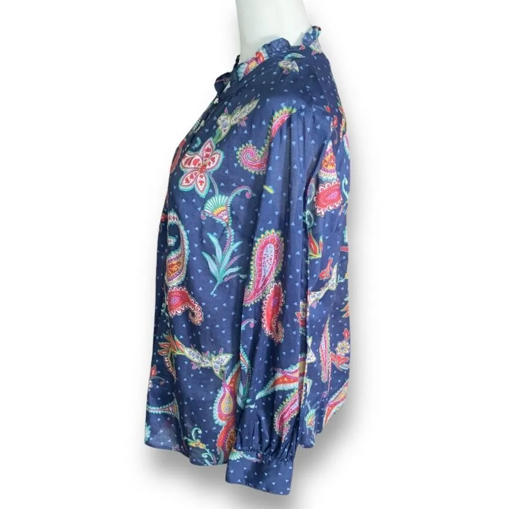 Talbots Navy Paisley Heart Print Ruffled Button-Up Long Sleeve Top Size Medium - Image 2