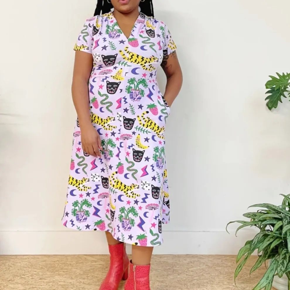 Nooworks Greta Dress XS Purple Graphic Print Fit & Flare Cotton Jersey Pockets - Image 3