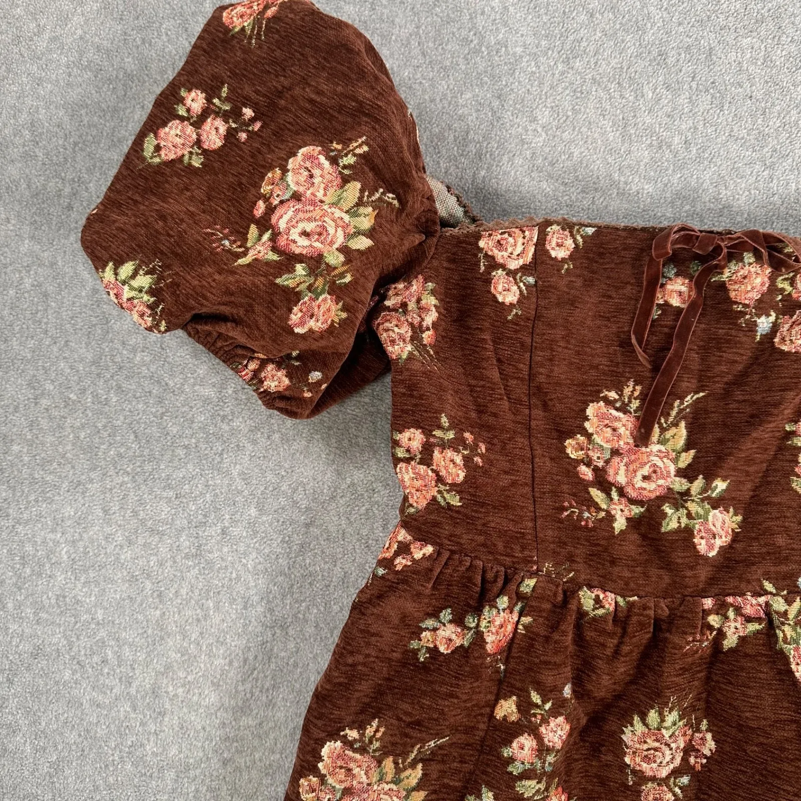 Sofie the Label Puff Sleeve Mini Dress Brown Floral Women's Large Square Neck - Image 2