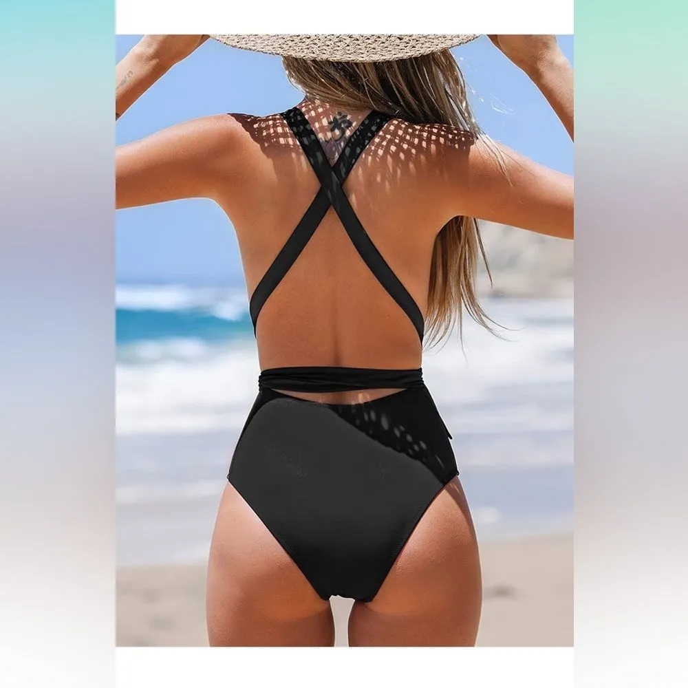NEW CUPSHE 1 Pc Swimsuit Deep V Neck Bathing Suit Crisscross Back Self Tie M - Image 2