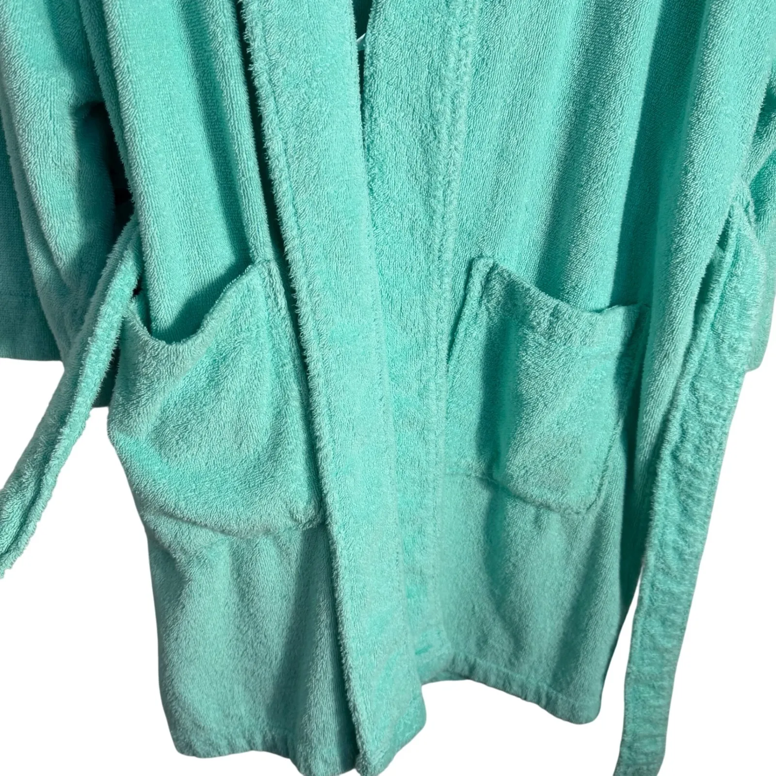 Melsimo Terry Cloth Bathrobe 100% Cotton Aqua / Seafoam Tie Waist Pockets Medium Green - Image 8