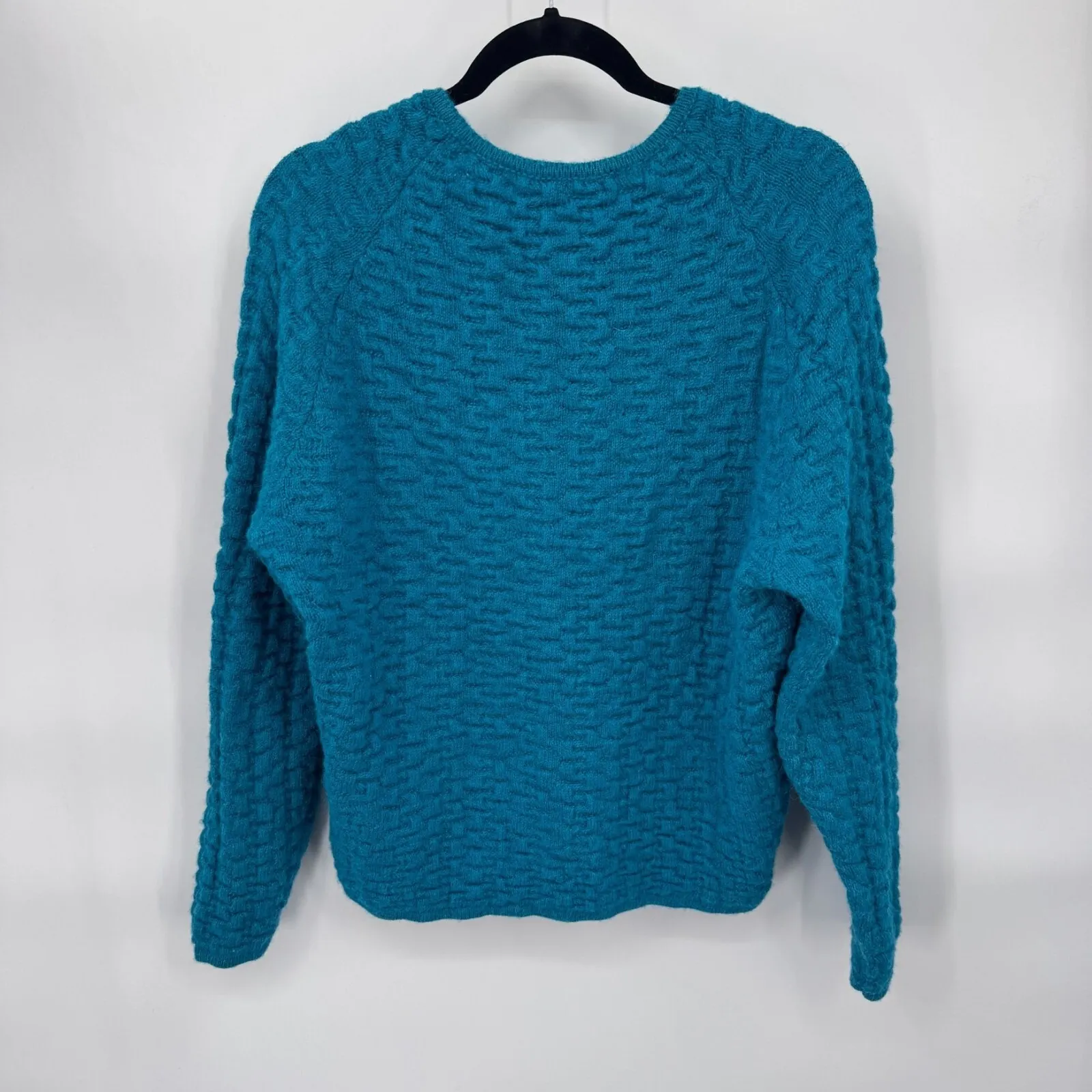 Peruvian Connection Handmade Sweater Womens L Blue Alpaca Basketweave Knit VTG - Image 5