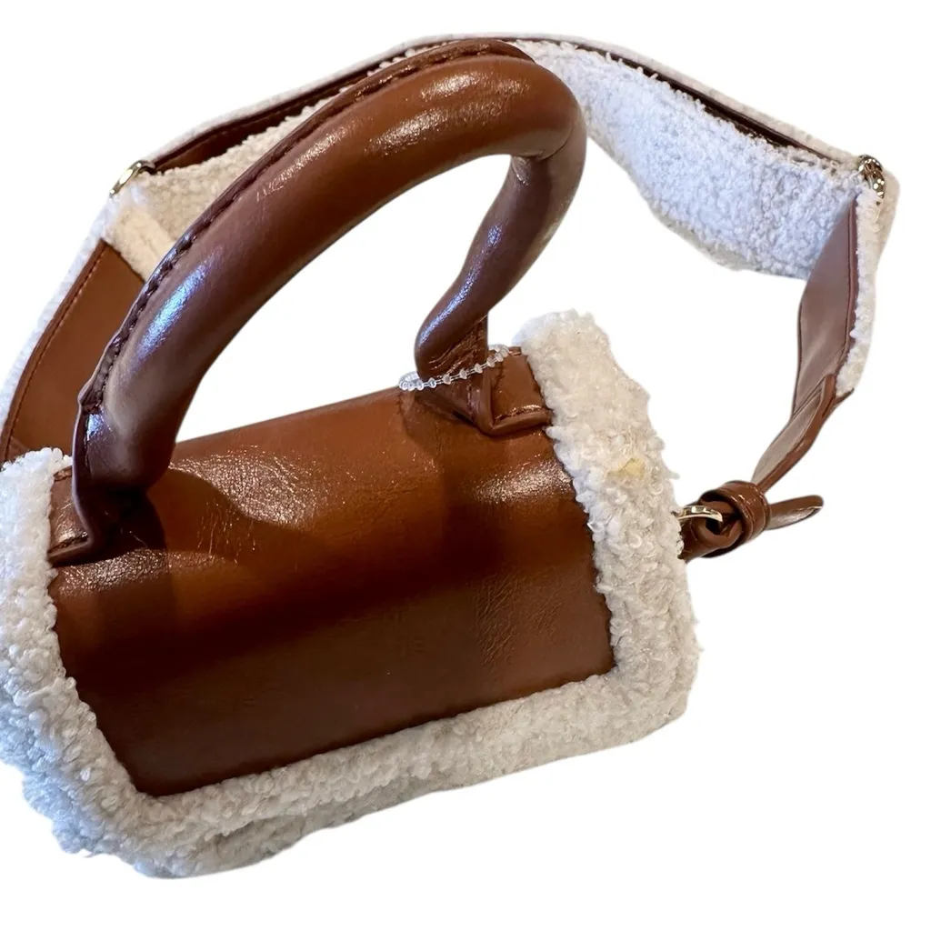 Forever 21 Light Brown and Cream Faux Shearling-Trim Crossbody Mini Bag - Image 2