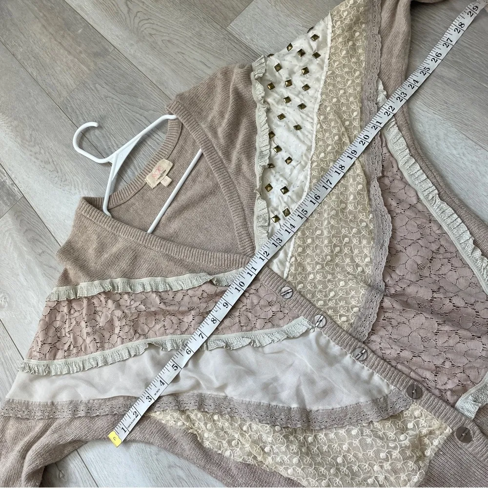 Bohemian Patchwork Cardigan mixed media lace studded woemns Beige (small) hippie Tan - Image 3