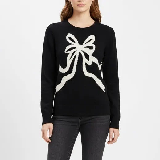 C Wonder Black Knit Sweater Cream Bow Applique Crew Neck Long Sleeve Size S - Image 6