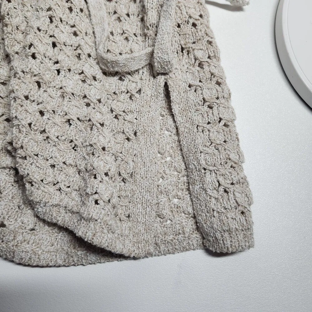 J. Jill Oatmeal Open Knit Crochet Flared Sleeve Side Tie Sweater Boho Cottage - Image 5