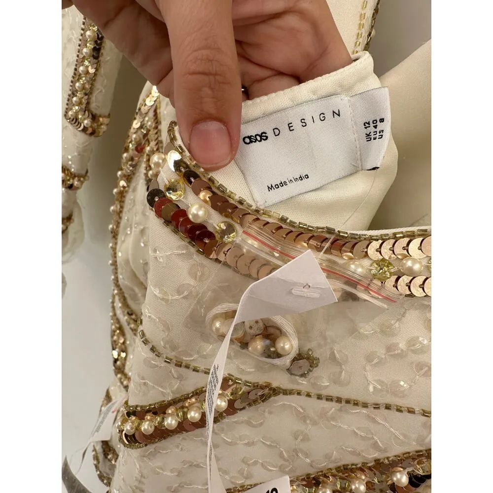 ASOS LUXE Stripe Embellished Tux Mini Dress White Gold US 8 NWT - Image 5