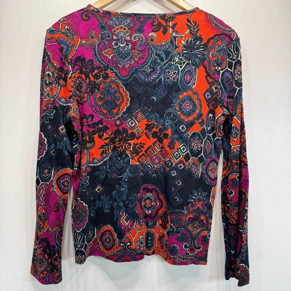 Jones New York Jewel Tone Fleur De Lis Keyhole Neck 100% Cotton Long Sleeve Top - Image 6