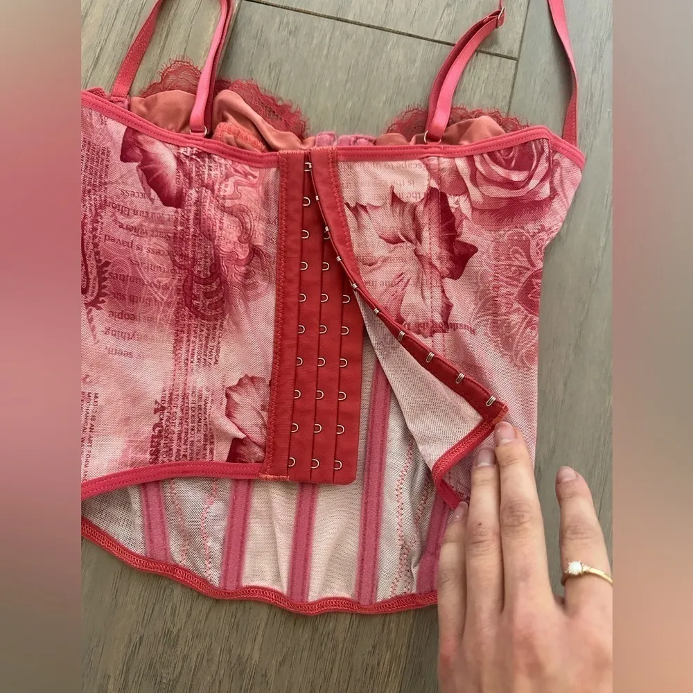 Lace Corset Crop Top Floral Backless Mesh Camisole Pink Size XS - Image 4