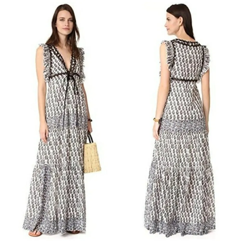 💕TORY BURCH Amita Appliquéd Printed Cotton Maxi Dress Ivory Guru Border Print 0 - Image 11