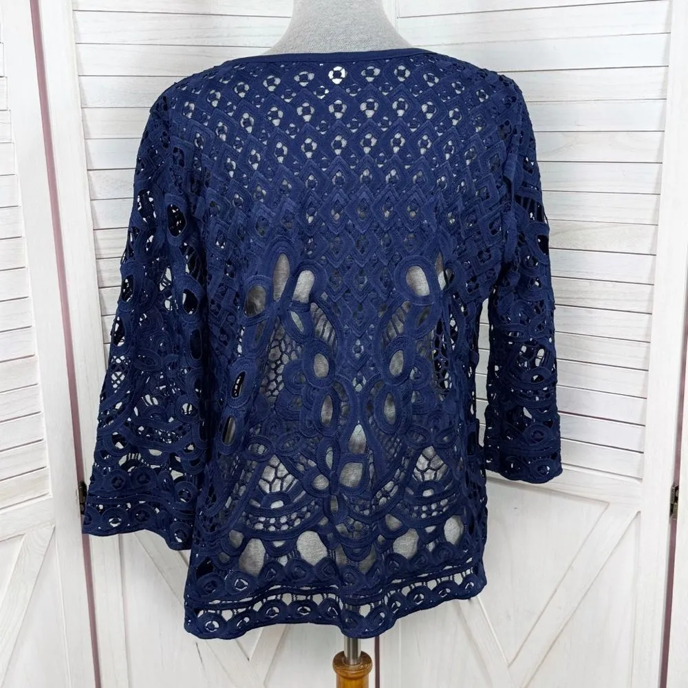 Adore Open Eyelet Lace Topper Cardigan Jacket Navy Blue Medium - Image 4