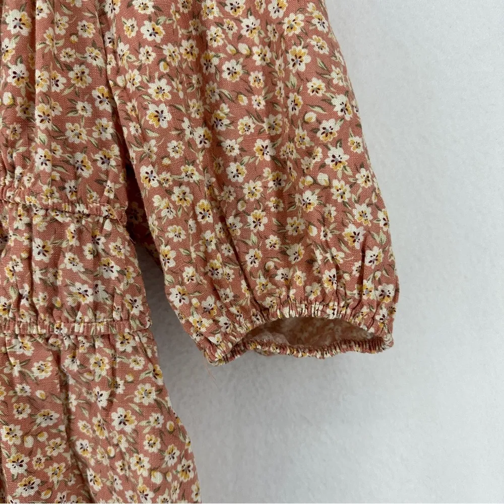 NEW Emelia Ruffle Puff Short Sleeve Floral Linen Blend Top Blouse M Pink Size M - Image 4