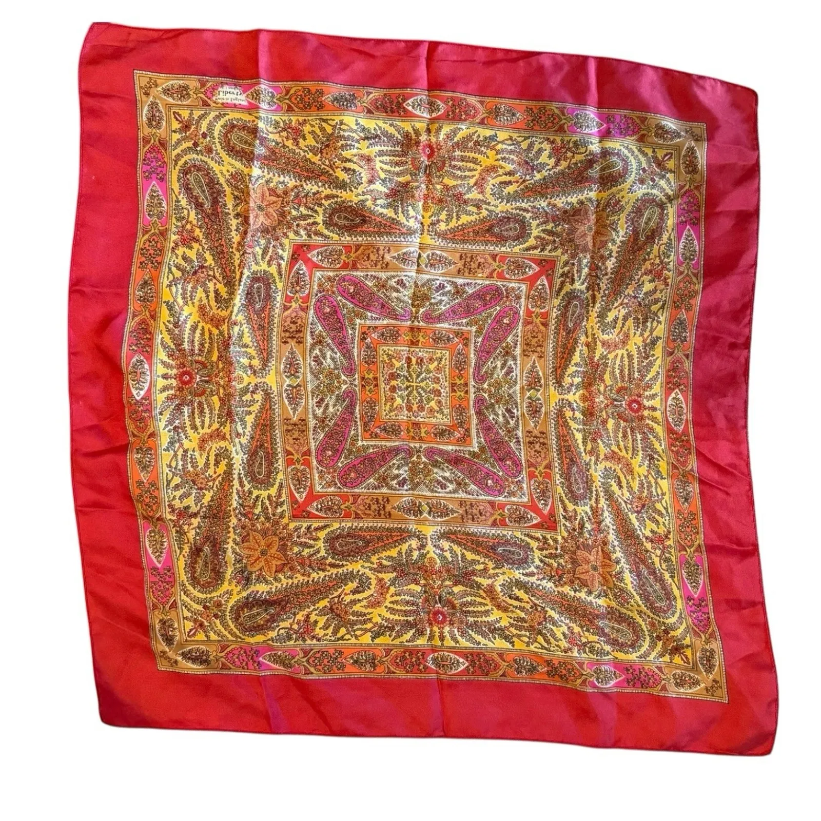 LIBERTY OF LONDON Scarf Geometric Paisley Silk Square Vintage Red Pink Gold - Image 4