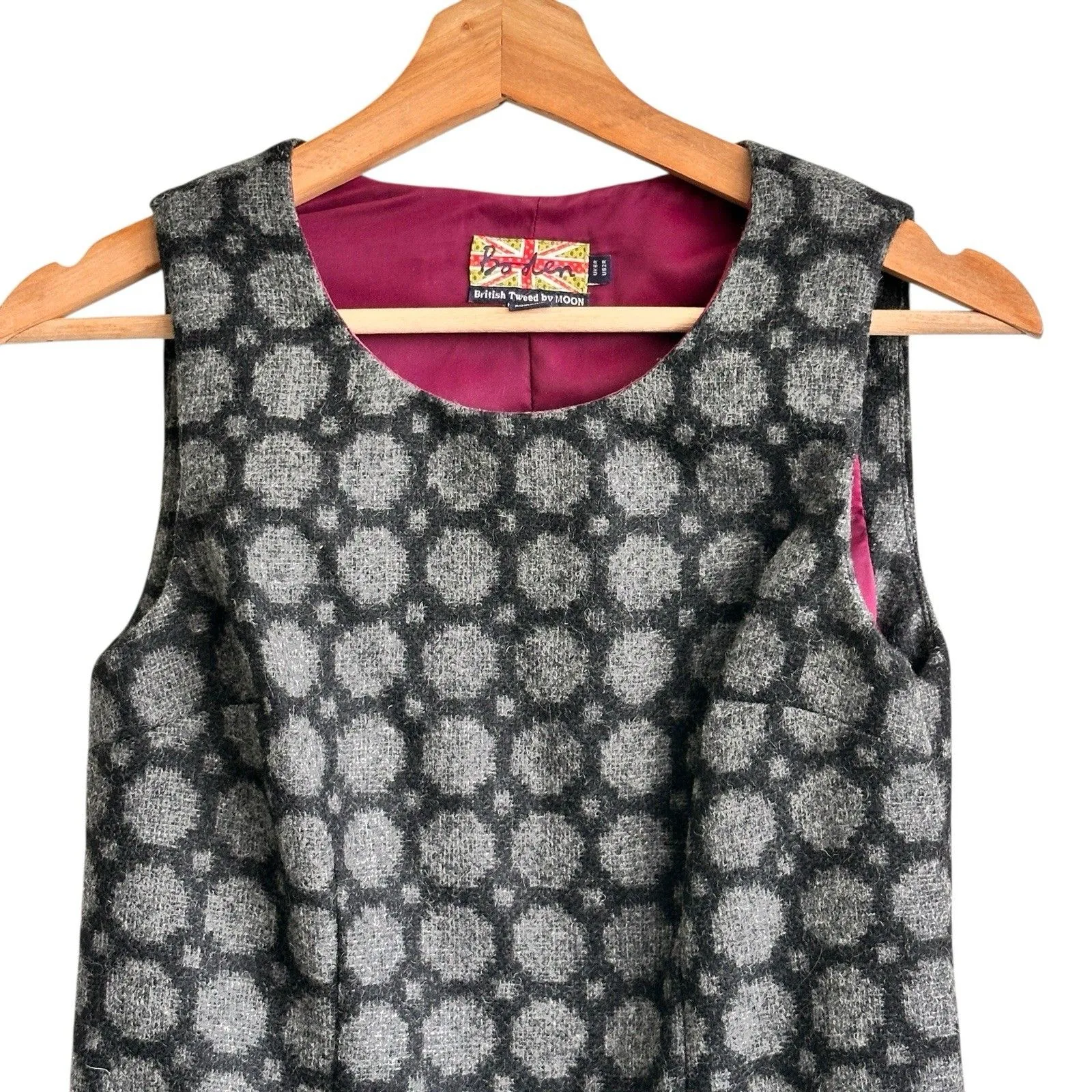 Boden british tweed By moon Wool Sleeveless Sheath Dress Geometric Gray 2 Preppy - Image 7