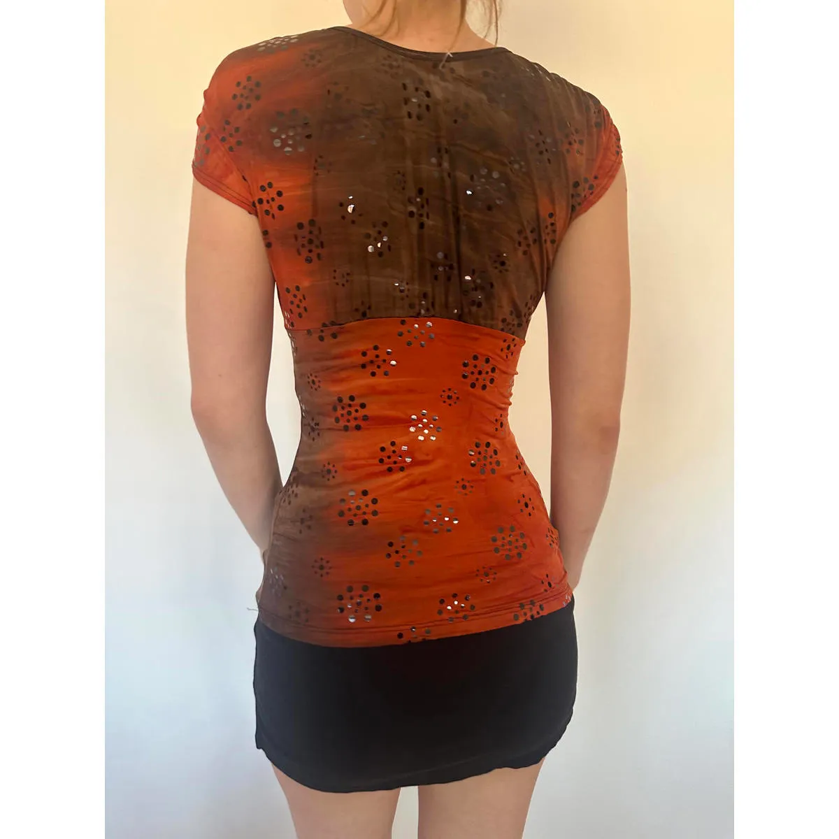 Y2K Orange and Brown Sparkly Sequin Short Sleeve Top - Image 6