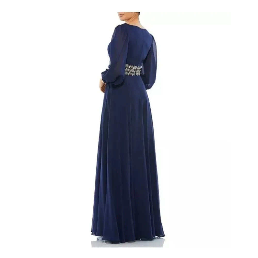 Mac Duggal Midnight Blue Beaded Belt Long Sleeve A-Line Gown Size 16 $598 - Image 3