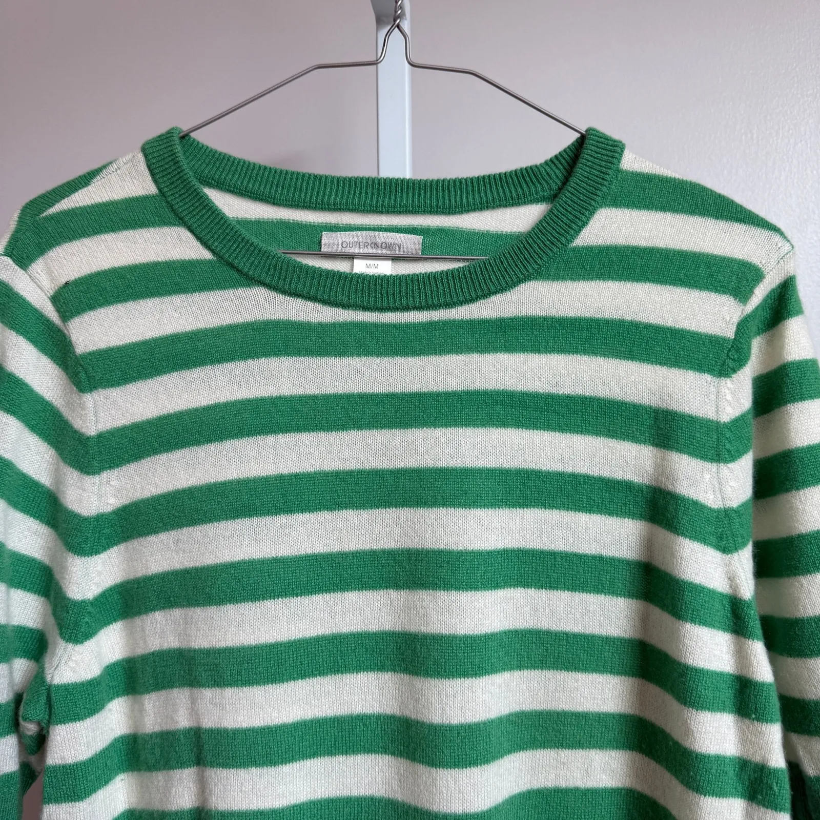 Outerknown 100%‎ Cashmere Striped Sweater Top Green Cream Short Sleeve Womens M - Image 2