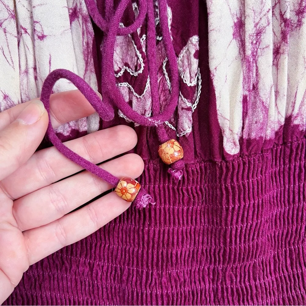 vintage • 70s batik dyed sundress smocked maroon white embroidered rayon boho - Image 7