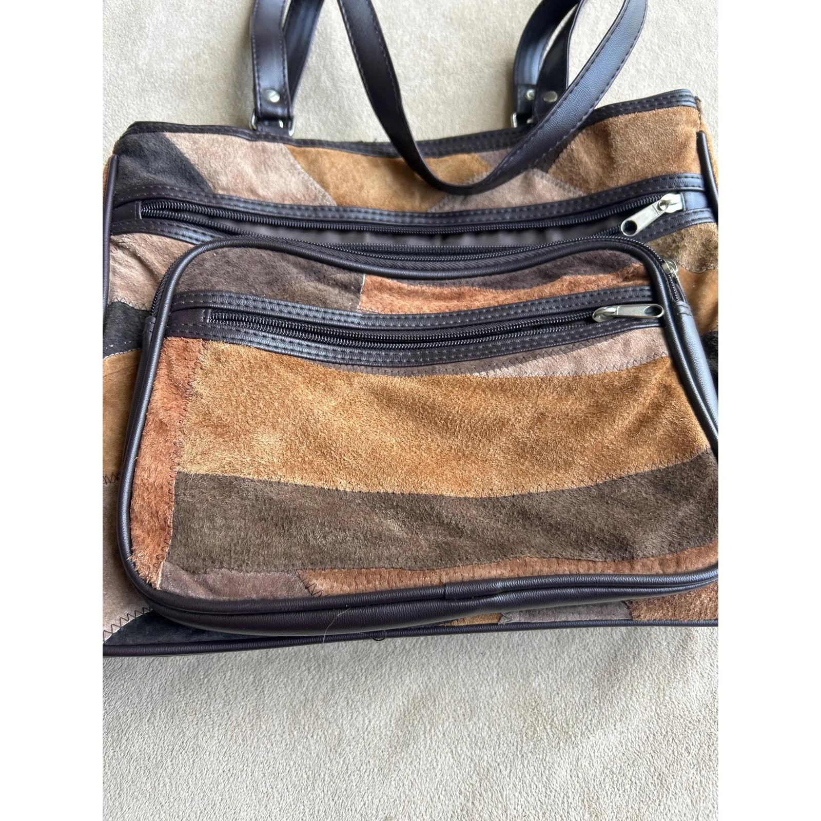 Vintage Style Patchwork Suede Purse Brown Pig Leather Wallet Shoulder Bag - Image 2