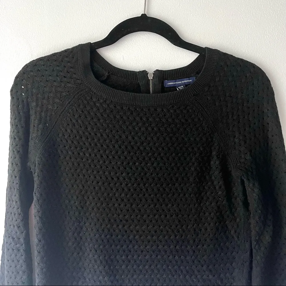 American Eagle Black Knit Crewneck Sweater with Zipper Detail - Image 3
