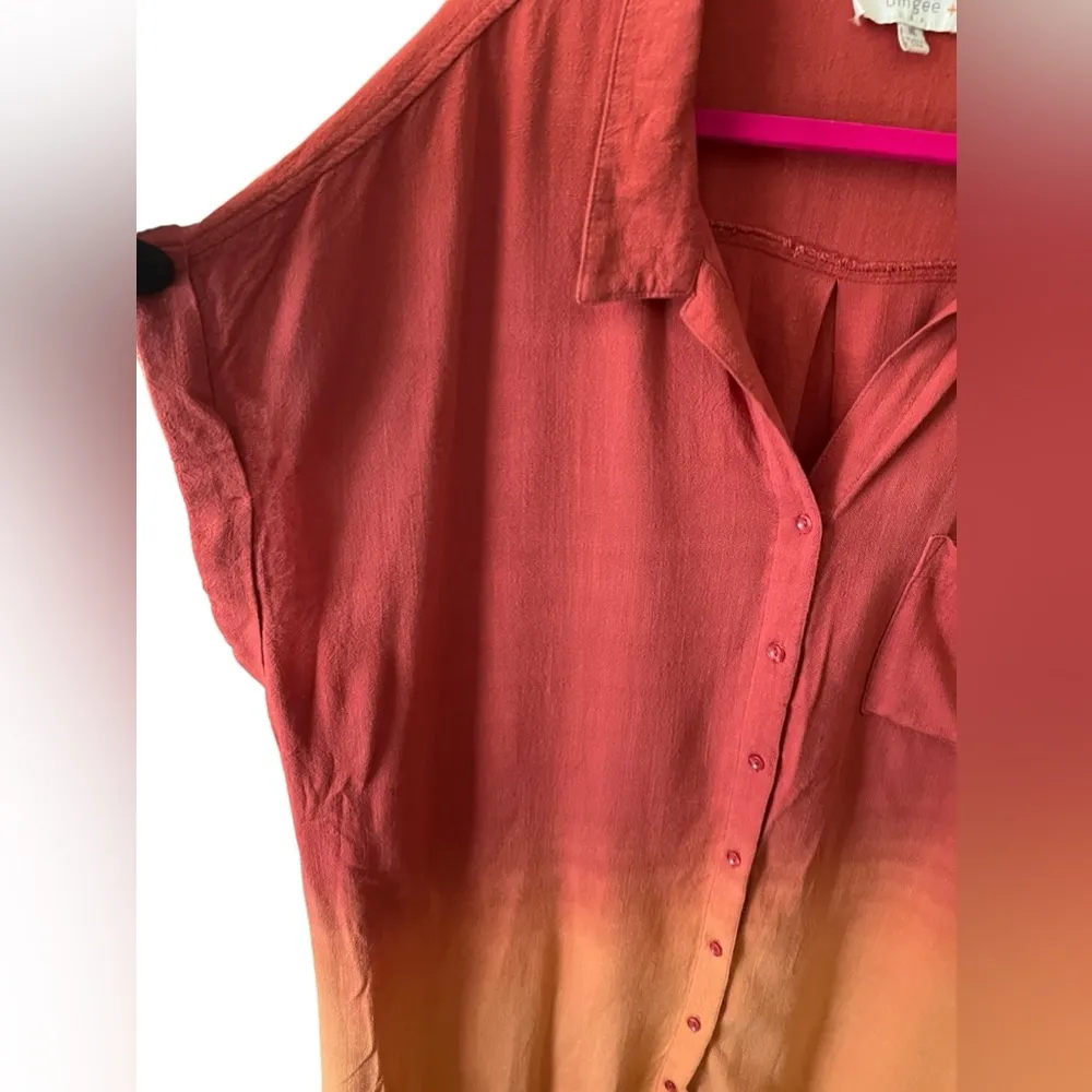 Umgee Linen Blend Bleach Dip Dye Button Down Top Ombre Pocket Plus Size 1XL - Image 5