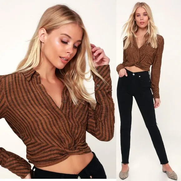 Free People Lust for Life Striped Long Sleeve Twist Crop Top Shirt Medium - Image 2