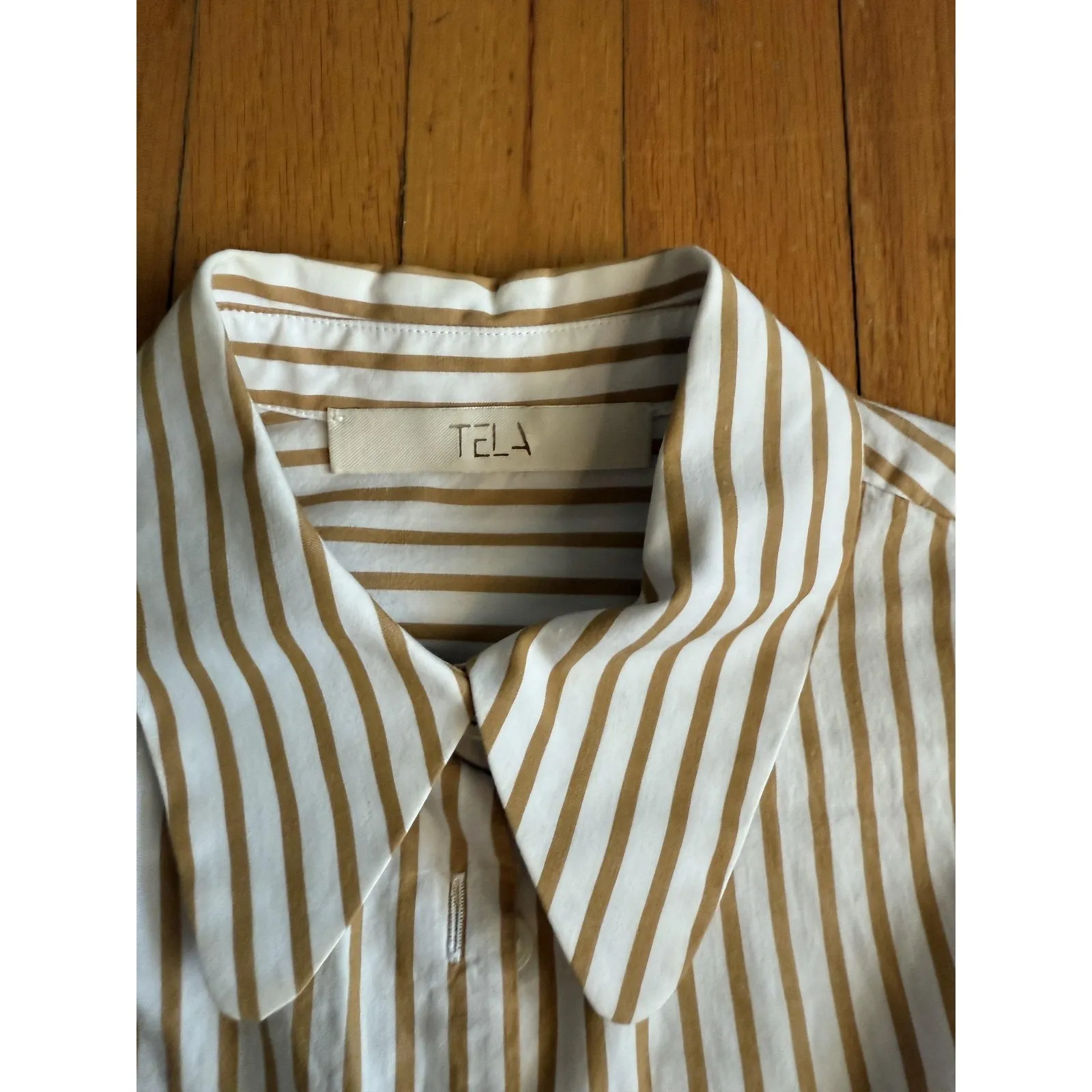 Tela Shirt Womens Small White Tan Stripe Made in Italy Camelia Pacha Cotton - Image 2
