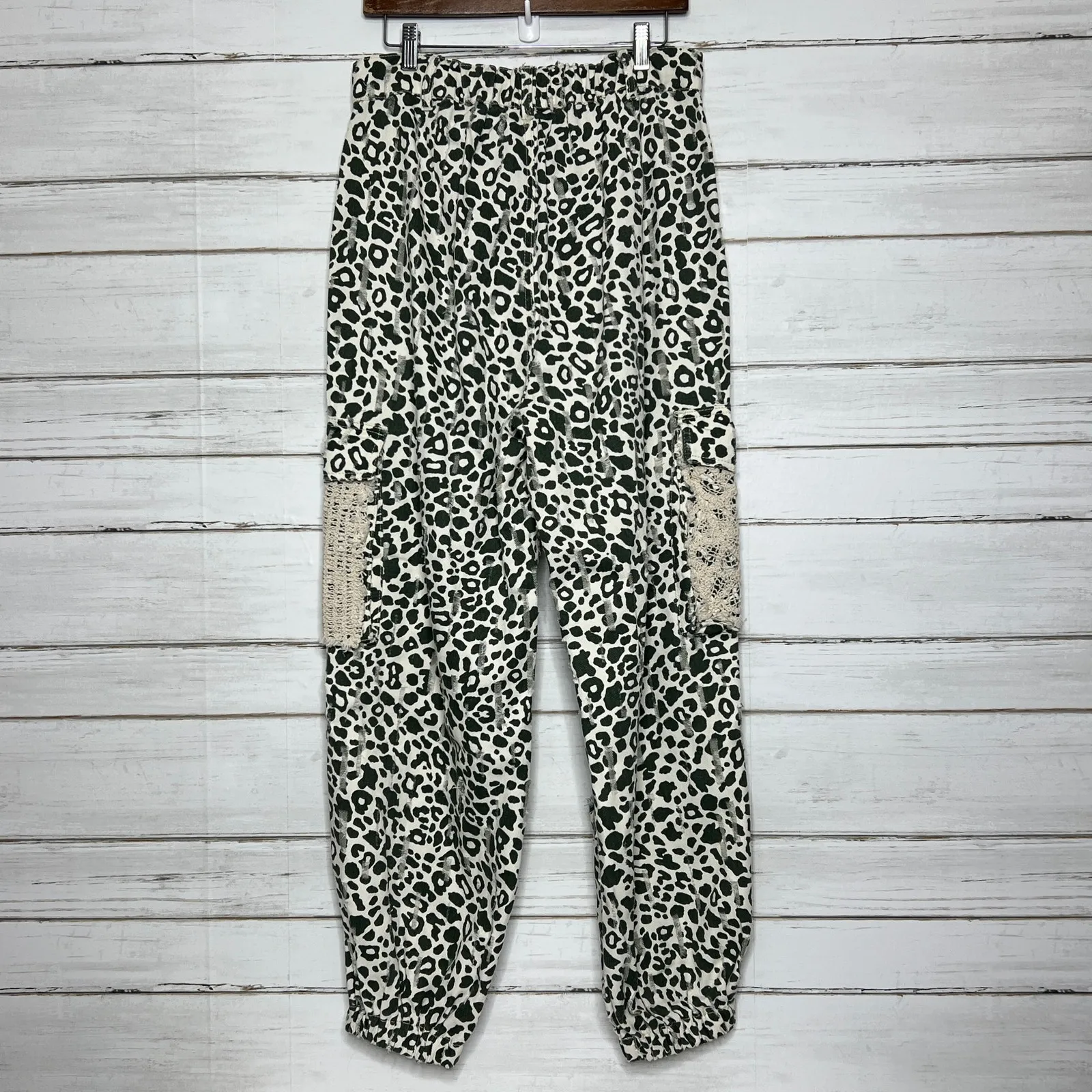 POL Leopard Patchwork Pants Crochet Lace Boho Cottagecore Drawstring Small - Image 3