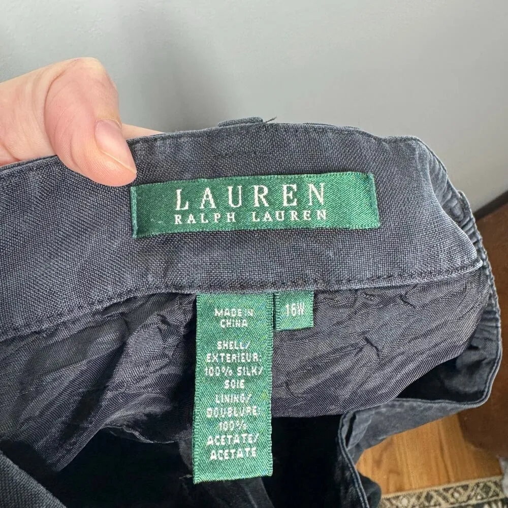 Lauren Ralph Lauren Pants Women 16W Black Wide Leg 100% Silk Trouser Pocket Gray - Image 5