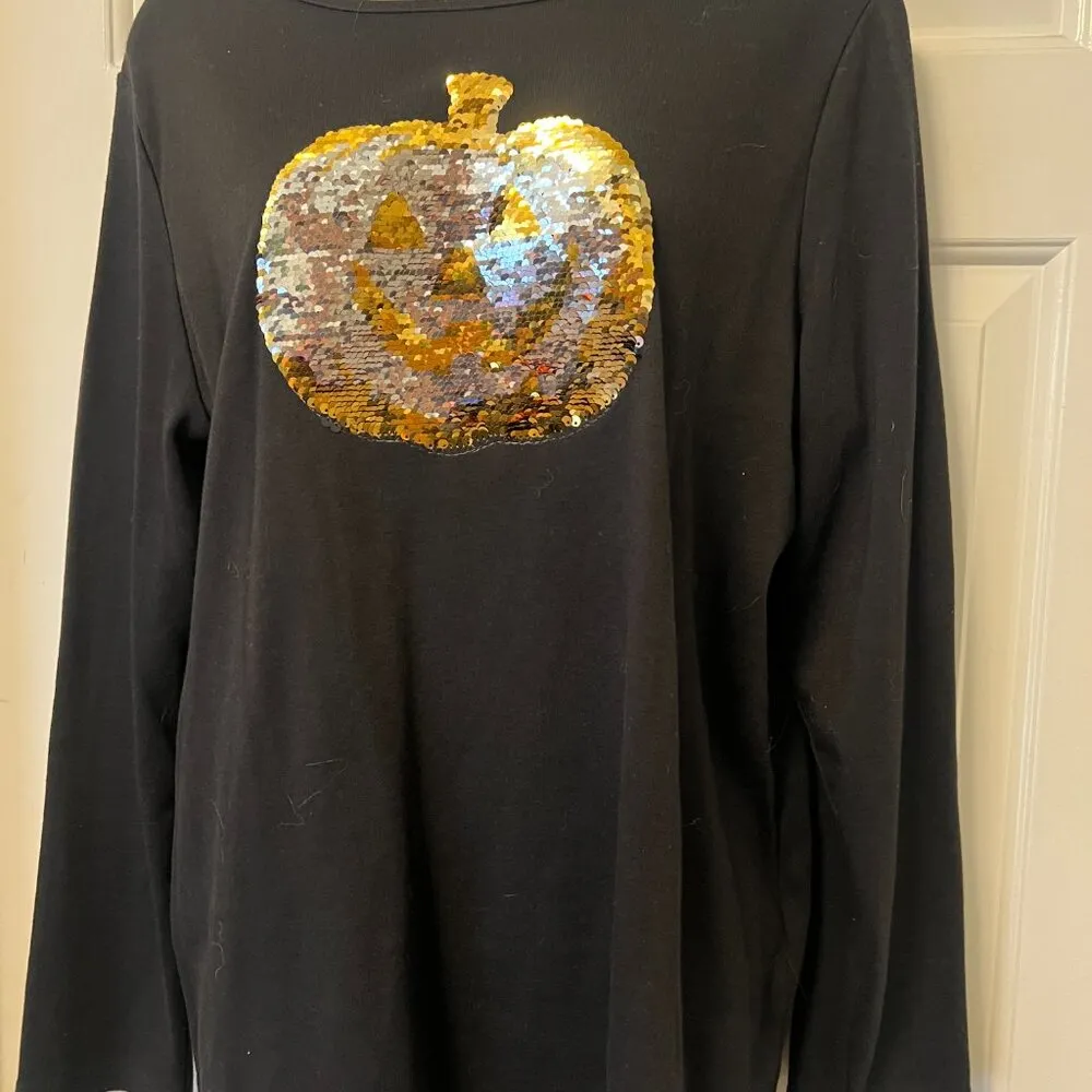 Halloween Pumpkin Sequin Top Black Size L - Image 3