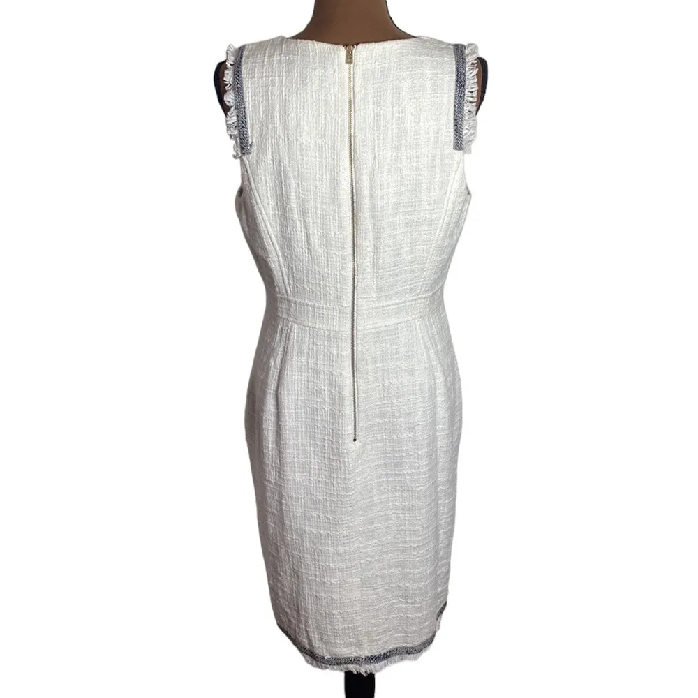 J Crew sheath dress in textured tweed with contrast fringe trim ivory size 12 - Image 2