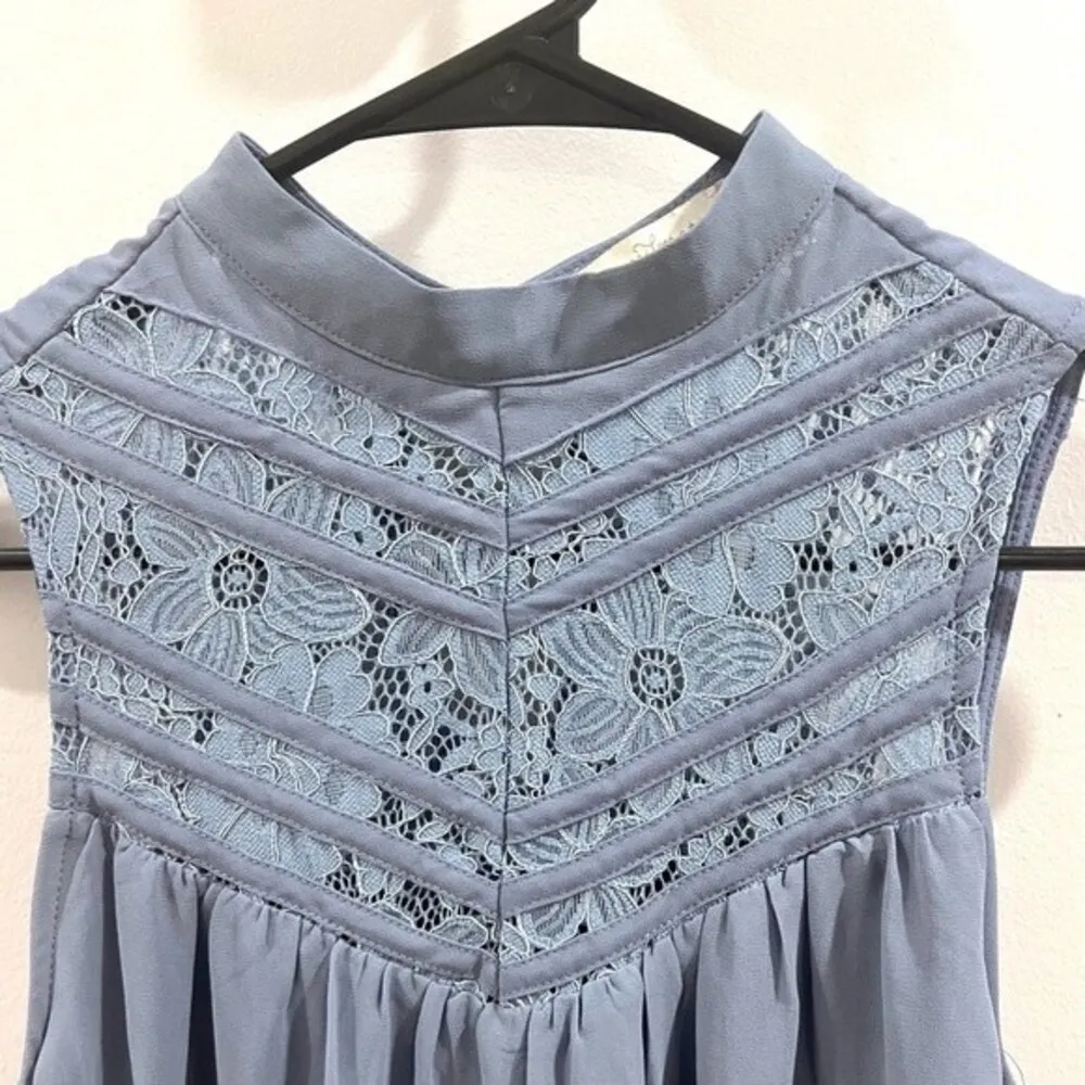 Lace yoke mock neck steel blue chiffon dress size XS - Image 5