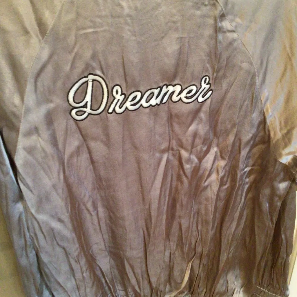 Womens Taupe Satin Dreamer Bomber Jacket sz medium bust 23” flat Tan - Image 6