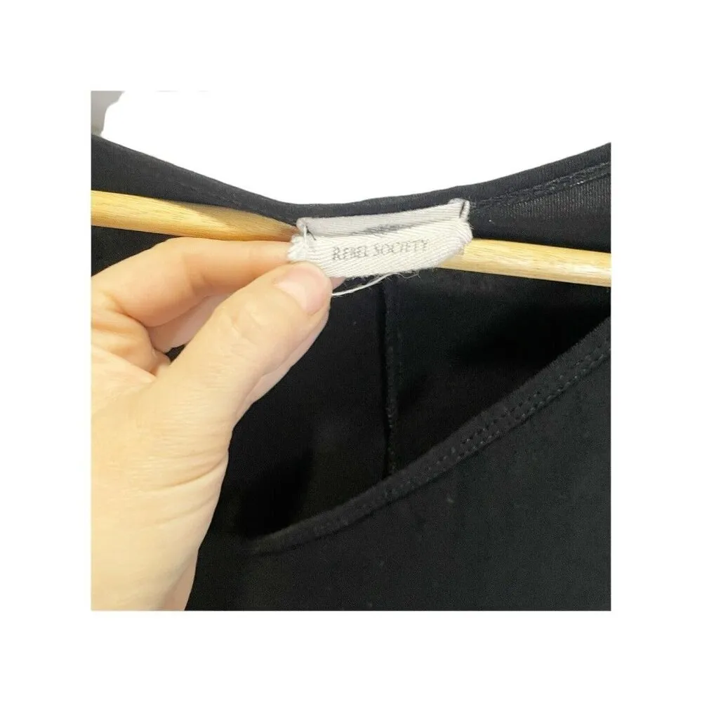 Rebel Society Women Black Long Sleeved Shirt S Pocket Tee Stretch Scoop Neck - Image 3