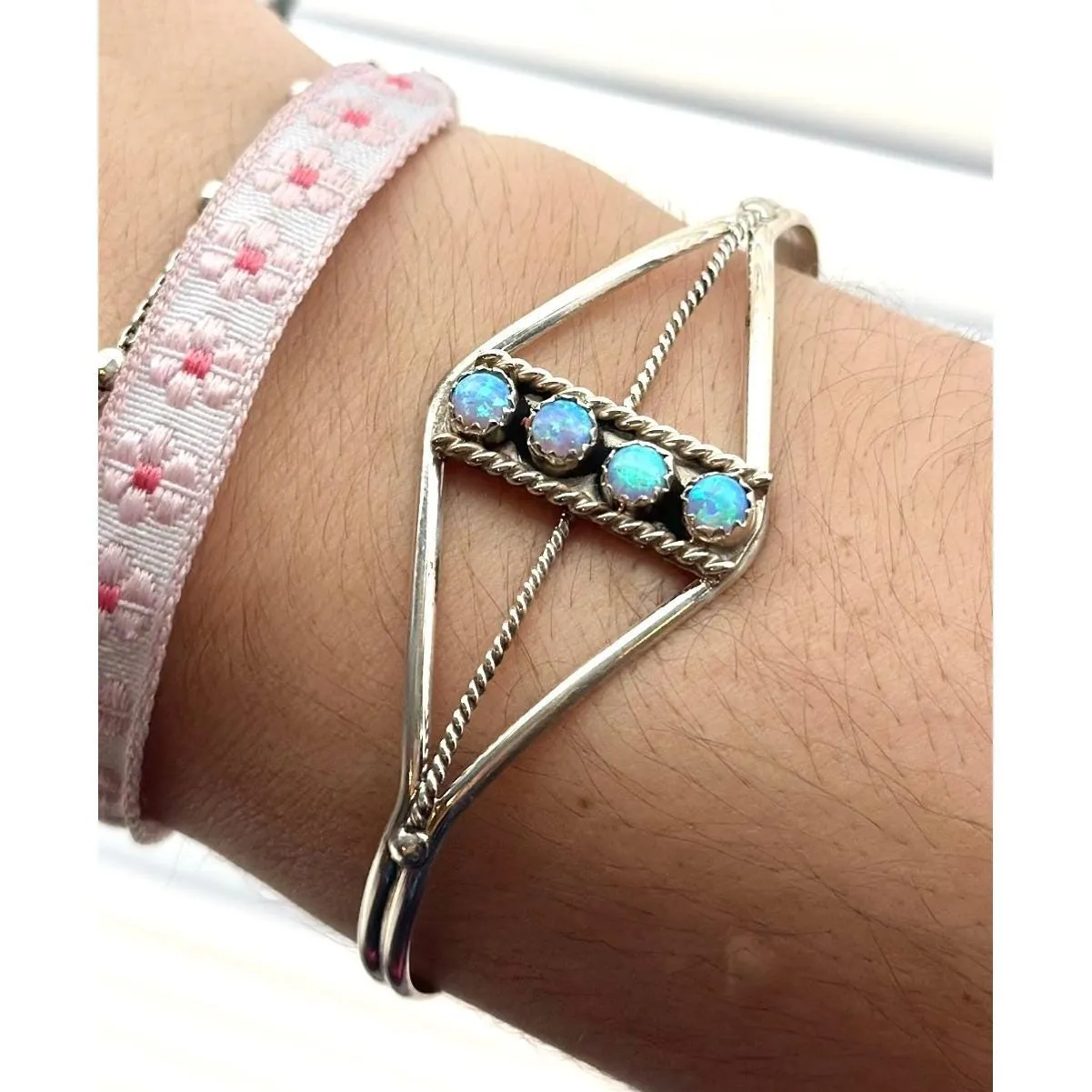 Navajo Handmade Blue Lab Opal Sterling Silver Cuff Bracelet - Image 2