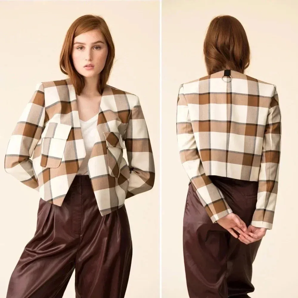 Tibi Dylan Plaid Cream Cropped Jacket Blazer in Ivory Camel Size 12 - Image 11