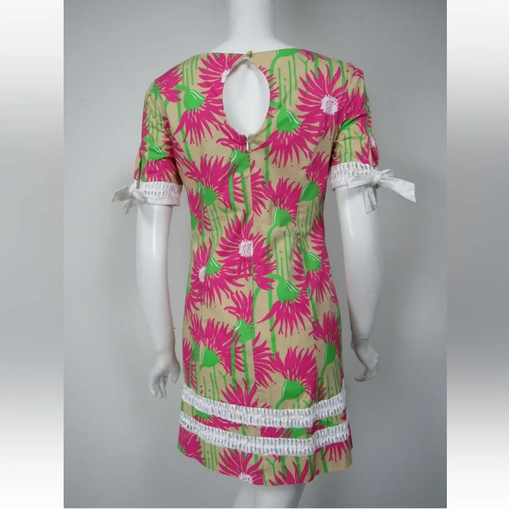 LILLY PULITZER Fiesta Beige Magenta Lime Floral Stretch Cotton Dress Size 4 - Image 5