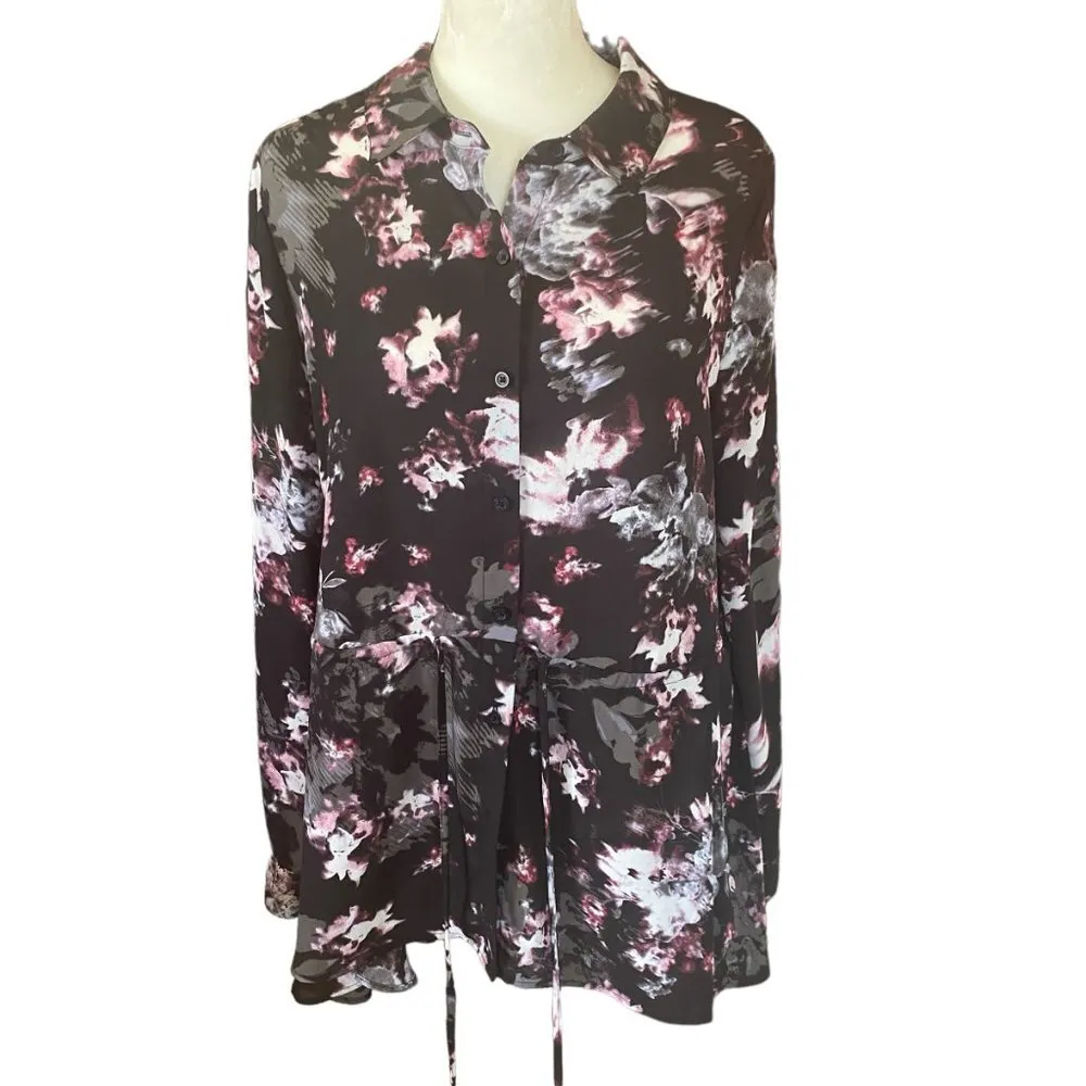 Simply Vera women's black floral sheer long sleeve collared button down blouse - Image 2